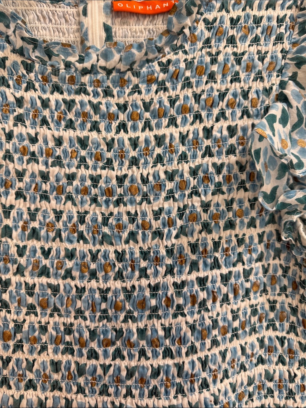 Oliphant Aqua/Blue/Teal/White Smocked Flutter Sleeve Dress w/ Metallic Accents - Picture 3 of 5